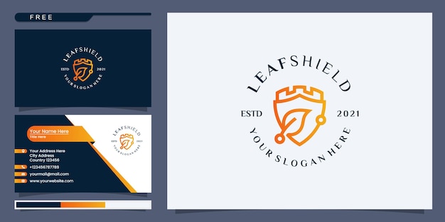 Plantilla de diseño de logotipo de escudo y hoja, símbolo de protección de la naturaleza. Diseño de logotipo y tarjeta de presentación