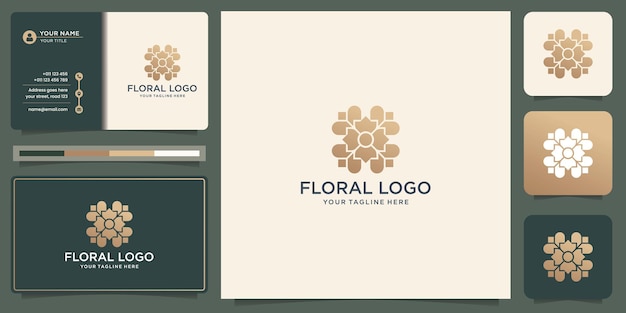 Plantilla de diseño de logotipo floral concepto abstracto de flor circular con color dorado y tarjeta de visita