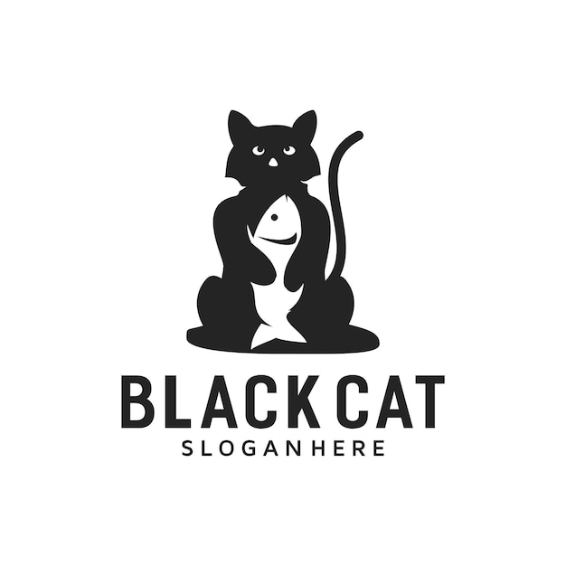 Plantilla de diseño de logotipo de gato comiendo pescado