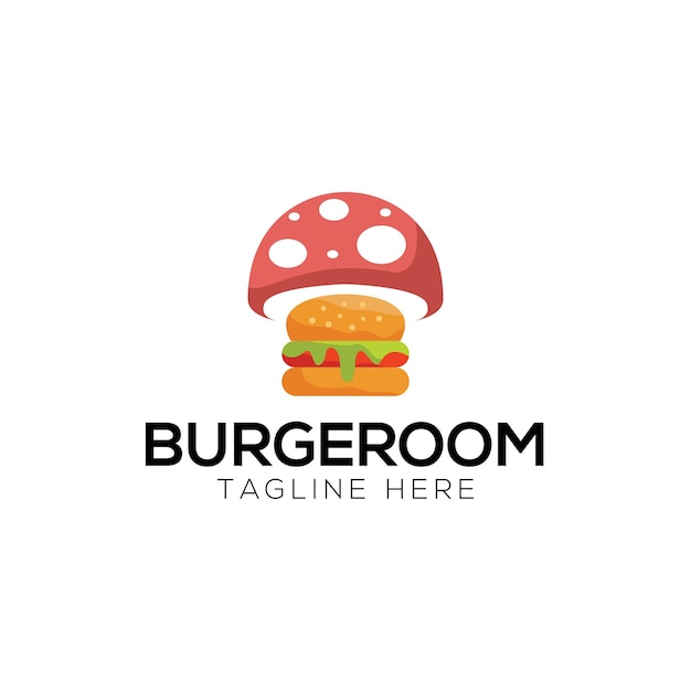 Plantilla de diseño de logotipo de hamburguesa y champiñones mokbang con estilo de dibujos animados