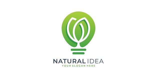 Plantilla de diseño de logotipo de hoja de idea natural. árbol, idea, inteligente, bombilla, crecimiento.