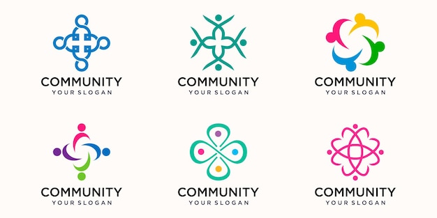 Plantilla de diseño de logotipo de icono de comunidad de gente colorida creativa. equipo de cuatro personas juntas icono aislado