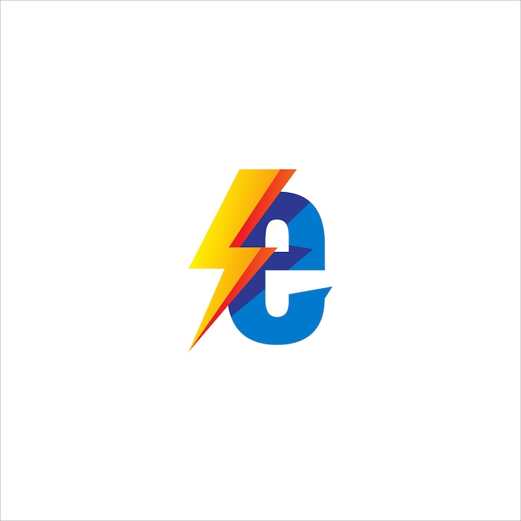 Vector plantilla de diseño de logotipo inicial de letra minúscula e aislada sobre fondo blanco alfabeto con concepto de logotipo de forma de trueno tema de color de gradación azul y amarillo naranja