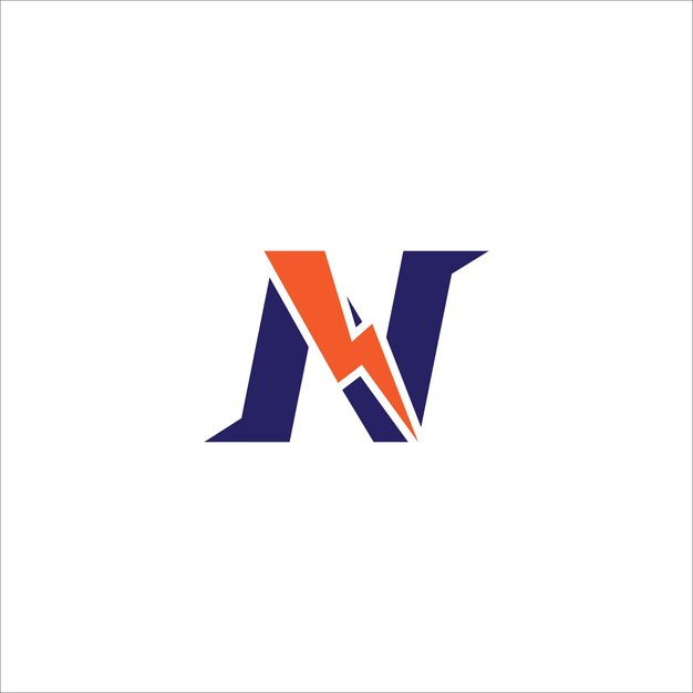 Plantilla de diseño de logotipo inicial de letra N Alfabeto con concepto de logotipo de trueno Tema de color azul y naranja aislado sobre fondo blanco
