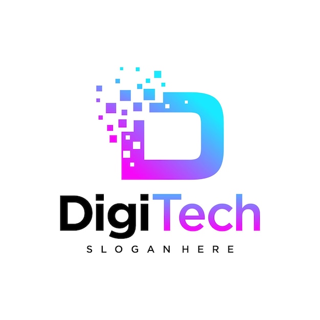 Plantilla de diseño de logotipo de letra inicial D de píxeles de tecnología digital