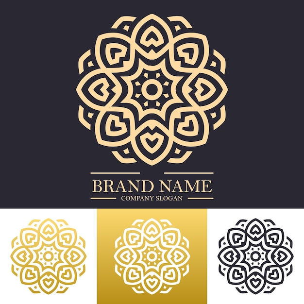 Plantilla de diseño de logotipo de mandala de lujo con color dorado y concepto de arte de línea floral o estrella