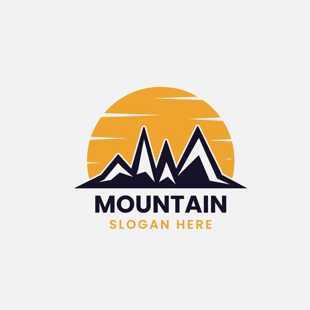 Vector plantilla de diseño de logotipo de montaña con sol, logotipo de montaña de diseño plano simple.