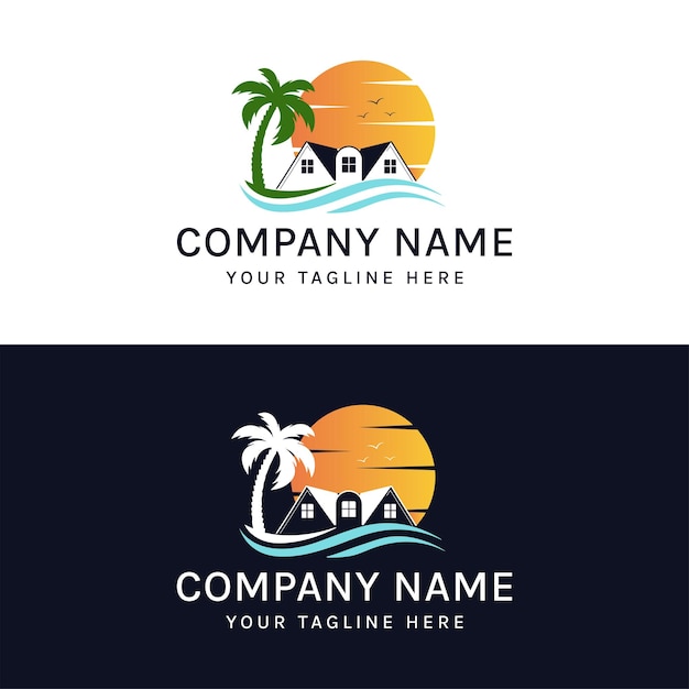plantilla de diseño de logotipo de playa y casa vectorial gratuita