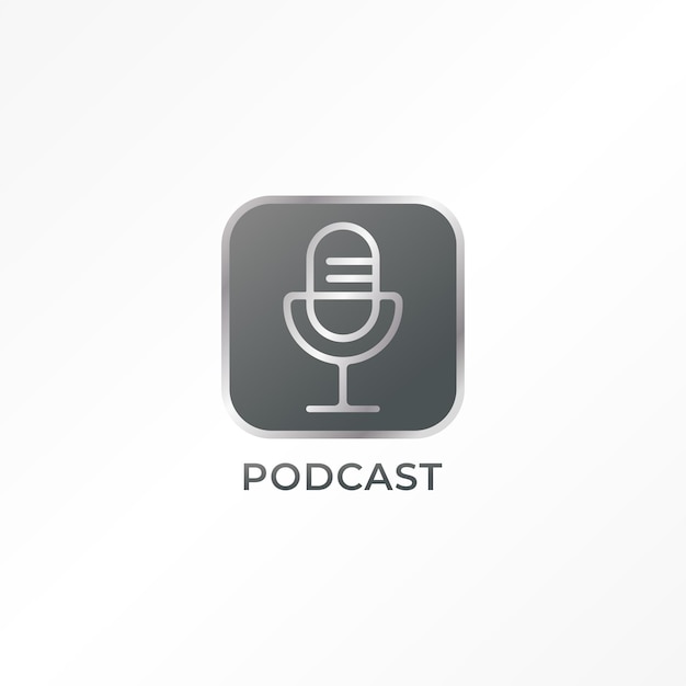 Plantilla de diseño de logotipo de podcast metálico aislada sobre fondo blanco Estilo de logotipo de esquema Logotipo pictórico icono de micrófono de condensador Charla profunda Estación de radio de difusión Color gris plateado