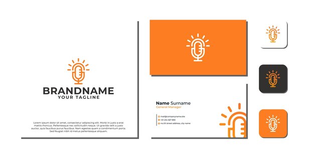 Plantilla de diseño de logotipo de podcast y sol de micrófono con diseño de tarjeta de visita premium