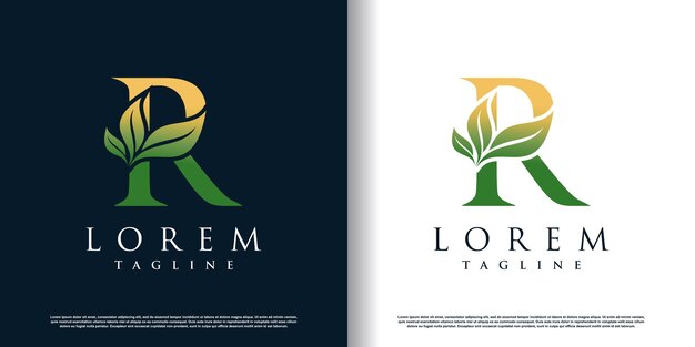 Plantilla de diseño de logotipo r inicial con icono de hoja y vector premium de concepto creativo