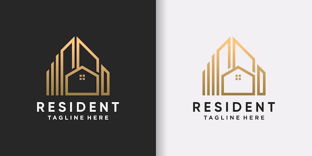 Plantilla de diseño de logotipo de residente creativo con estilo de arte lineal y color dorado Vector Premium