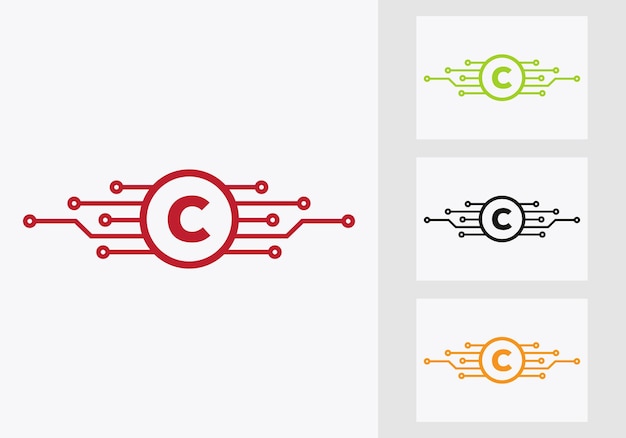 Plantilla de diseño de logotipo de tecnología de letra C. Señal de protección cibernética