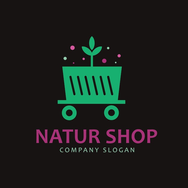 Plantilla de diseño de logotipo de tienda natural. Carro de compras y planta.