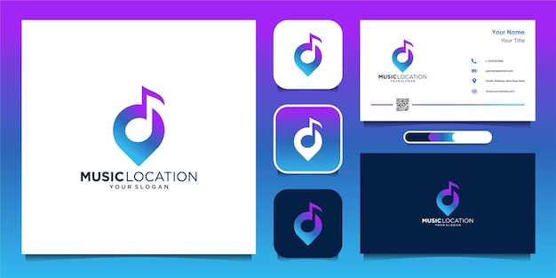 Plantilla de diseño de logotipo de ubicación de música y tarjeta de visita vector premium