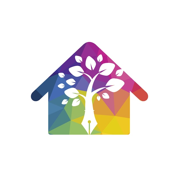plantilla de diseño de logotipo vectorial de pluma de árbol concepto de logotipo de casa y naturaleza del escritor