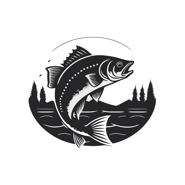 Plantilla de diseño de logotipo vintage en blanco y blanco de pesca de peces en el agua