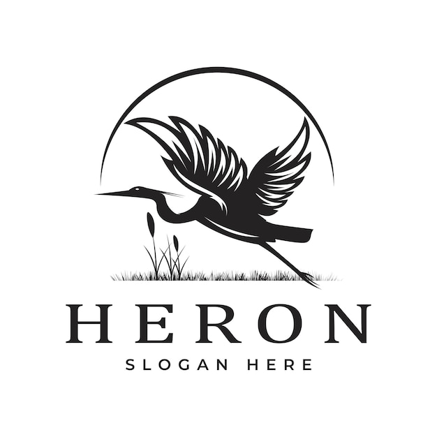 Plantilla de diseño de logotipo Vintage Flying Stork Heron Silhouette Bird Lake Creek Sunset