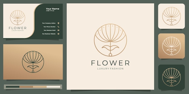 Plantilla de diseño de lujo de logotipo de flor de belleza femenina.concepto de salón y spa línea arte logotipo de forma de círculo con icono de roselogo abstracto minimalista y plantilla de tarjeta de visita vector premium