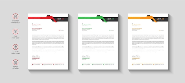 Plantilla de diseño de membrete de empresa con color verde, naranja y rojo