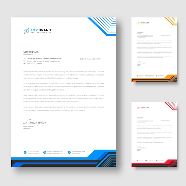 Plantilla de diseño de membrete de empresa moderna corporativa con formas rojas, azules y amarillas
