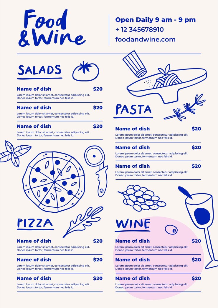 Vector plantilla de diseño de menú de cafetería de restaurante folleto de comida y vino