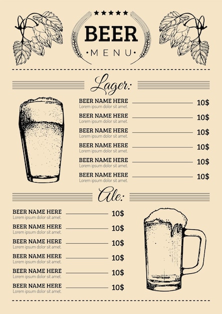 Plantilla de diseño de menú de cerveza Vector bar pub o tarjeta de restaurante con ilustraciones de lager ale dibujadas a mano Iconos de elementos de cervecería taza de vidrio botella hierbas y plantas