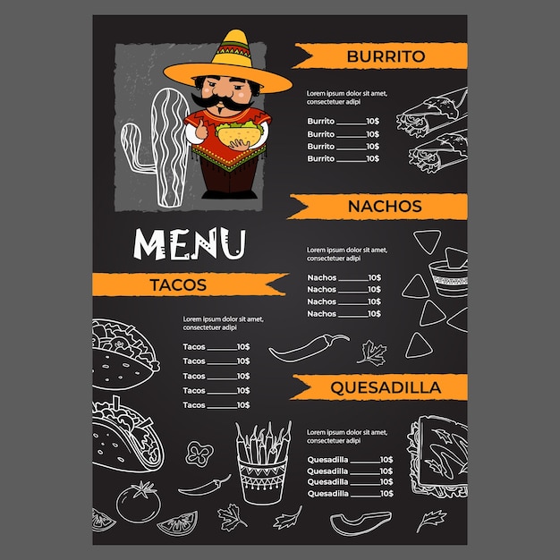 Vector plantilla de diseño de menú con cocina mexicana o comida latina