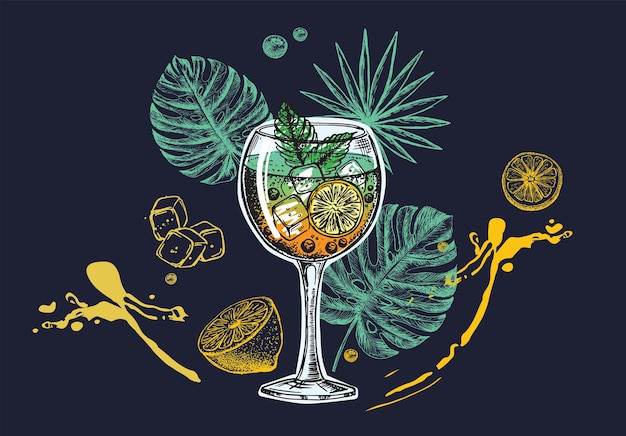 Plantilla de diseño de menú de cócteles Cócteles alcohólicos dibujados a mano