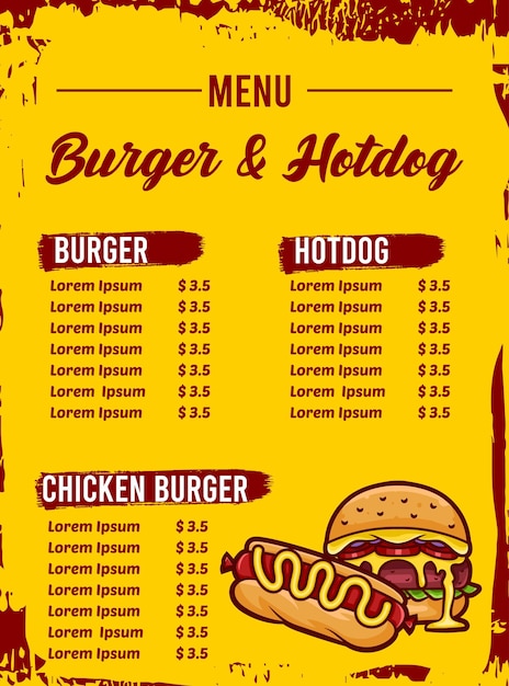 Vector plantilla de diseño de menú de comida rápida con hamburguesa y vector de perritos calientes