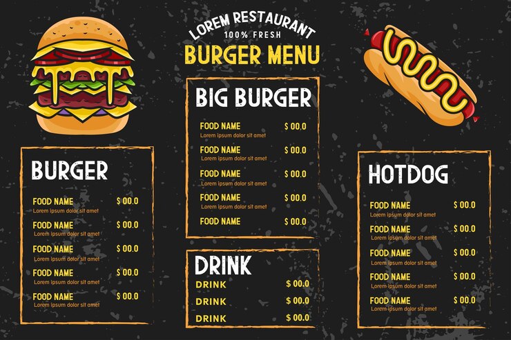 Vector plantilla de diseño de menú de comida rápida con hamburguesa y vector de perritos calientes