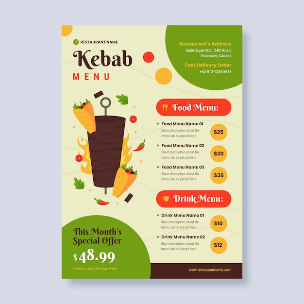 Vector plantilla de diseño de menú de kebab