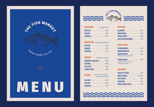 La plantilla de diseño del menú del mercado de pescado