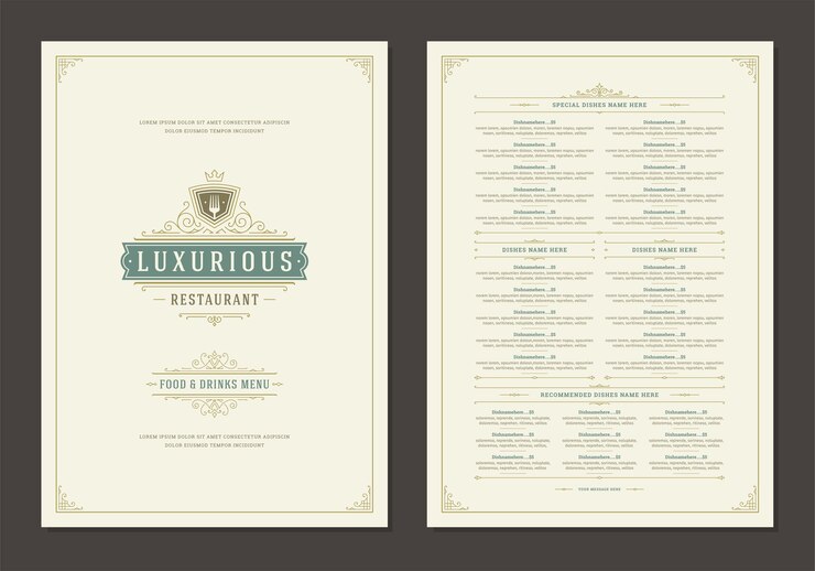 Vector plantilla de diseño de menú con portada y folleto de logotipo vintage de restaurante