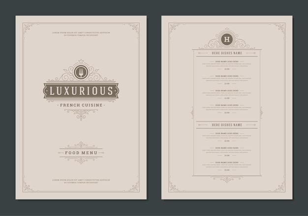 Plantilla de diseño de menú con portada y folleto de vector de logo vintage de restaurante. Ilustración de símbolo de horquilla y decoración de marco y remolinos de adorno.