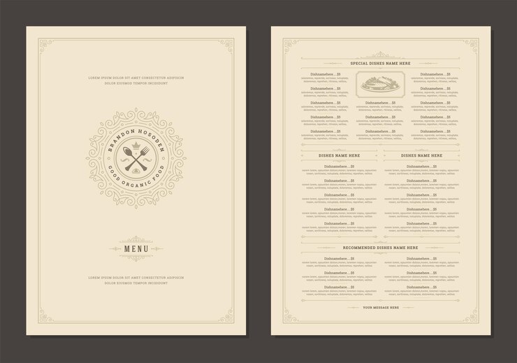 Plantilla de diseño de menú con portada y folleto de vector de logo vintage de restaurante