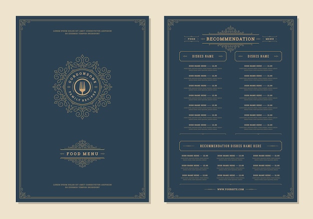 Plantilla de diseño de menú con portada y folleto de vector de logo vintage de restaurante