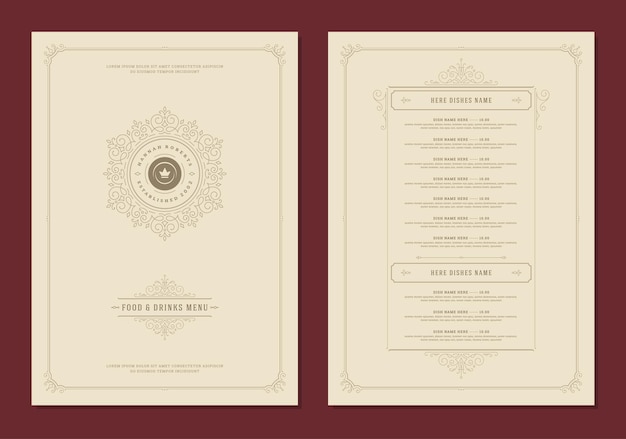 Plantilla de diseño de menú con portada y folleto de vector de logo vintage de restaurante