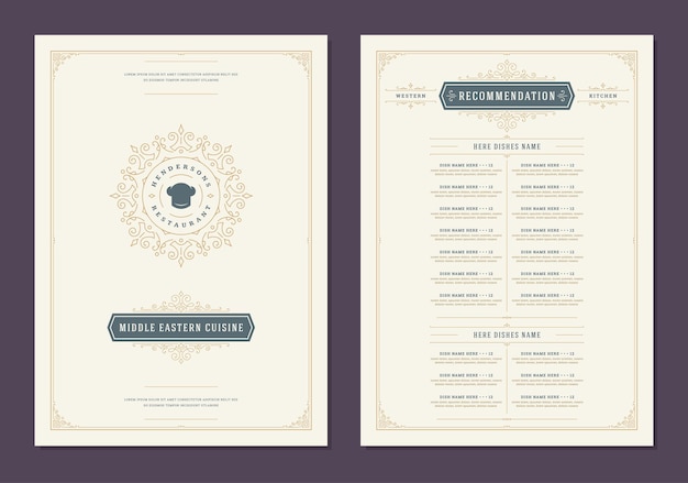 Plantilla de diseño de menú con portada y folleto de vector de logo vintage de restaurante