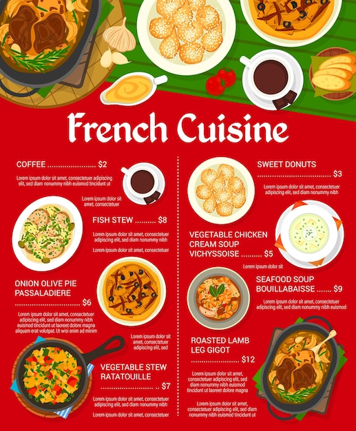 Plantilla de diseño de menú de restaurante de cocina francesa