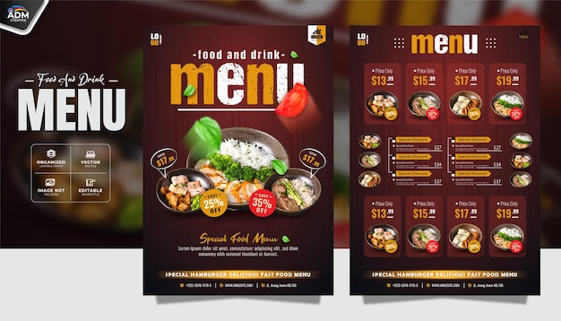 Plantilla de diseño de menú de restaurante de comida y bebida súper rápida para su negocio