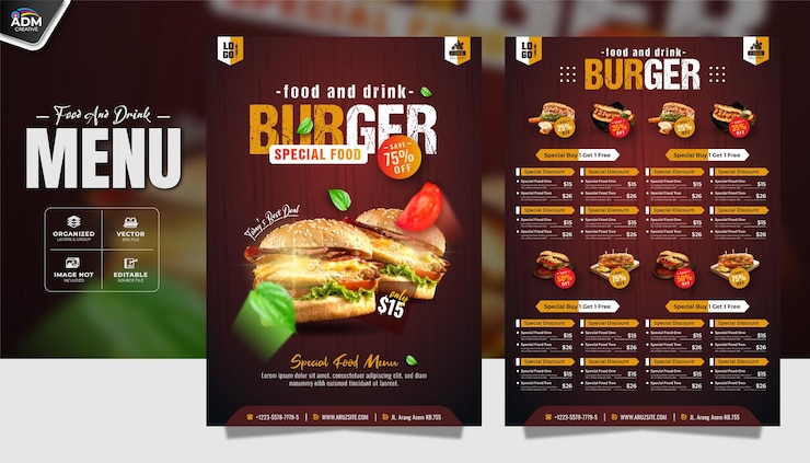 Vector plantilla de diseño de menú de un restaurante de comida y bebida súper rápida