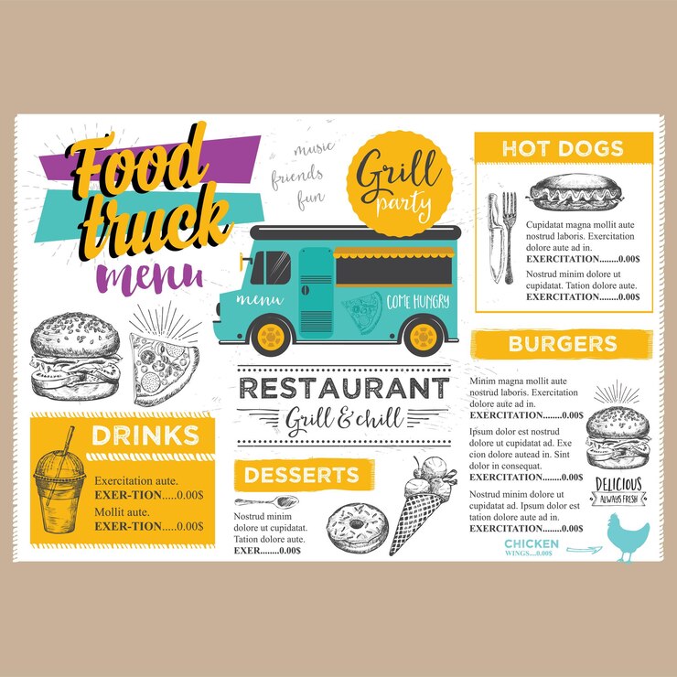 Vector plantilla de diseño de menú de restaurante de comida rápida con ilustración vectorial de camión de comida rápida
