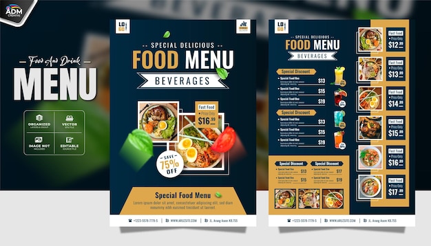 Plantilla de diseño de menú de restaurantes especiales de comida rápida y bebidas