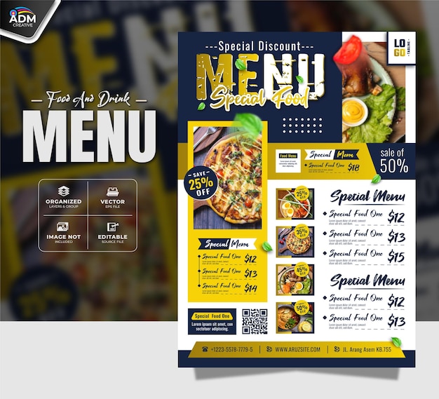 Plantilla de diseño de menús especiales de restaurantes y bebidas para negocios
