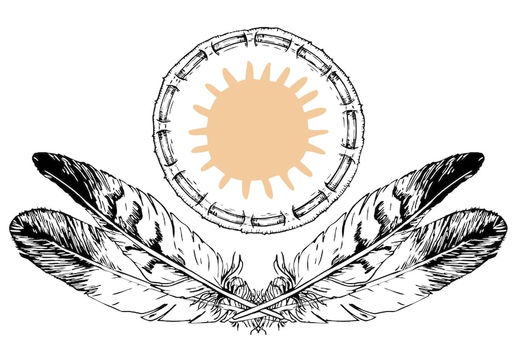 Vector plantilla de diseño de moda hipster con pandereta nativa americana y logotipos de plumas boho tribal