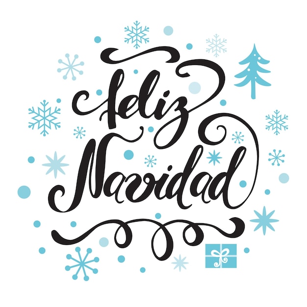 Vector plantilla de diseño de navidad cartel de caligrafía de vacaciones de invierno decorado con copos de nieve y texto feliz navidad ilustración vectorial frase para banner invitación tarjeta de felicitación inscripción en español