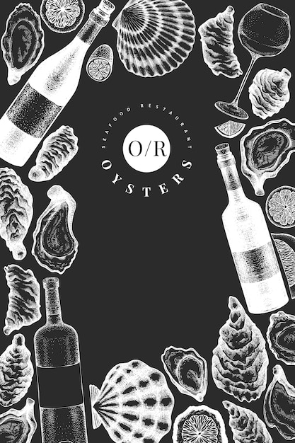 Plantilla de diseño de ostras y vino. dibujado a mano ilustración en pizarra. banner de mariscos.