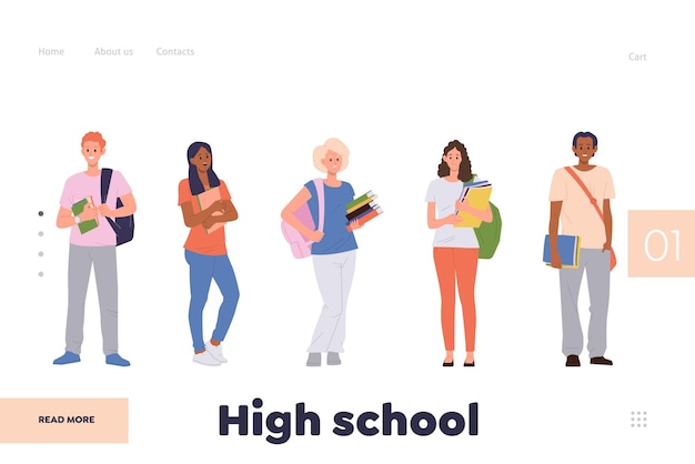 plantilla de diseño de página de aterrizaje de escuela secundaria para un servicio en línea que proporciona un proceso educativo moderno Ilustración vectorial del sitio web con alumnos felices personaje de dibujos animados que lleva accesorios de estudio y sonríe