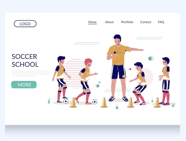 Plantilla de diseño de página de aterrizaje del sitio web vectorial de la escuela de fútbol